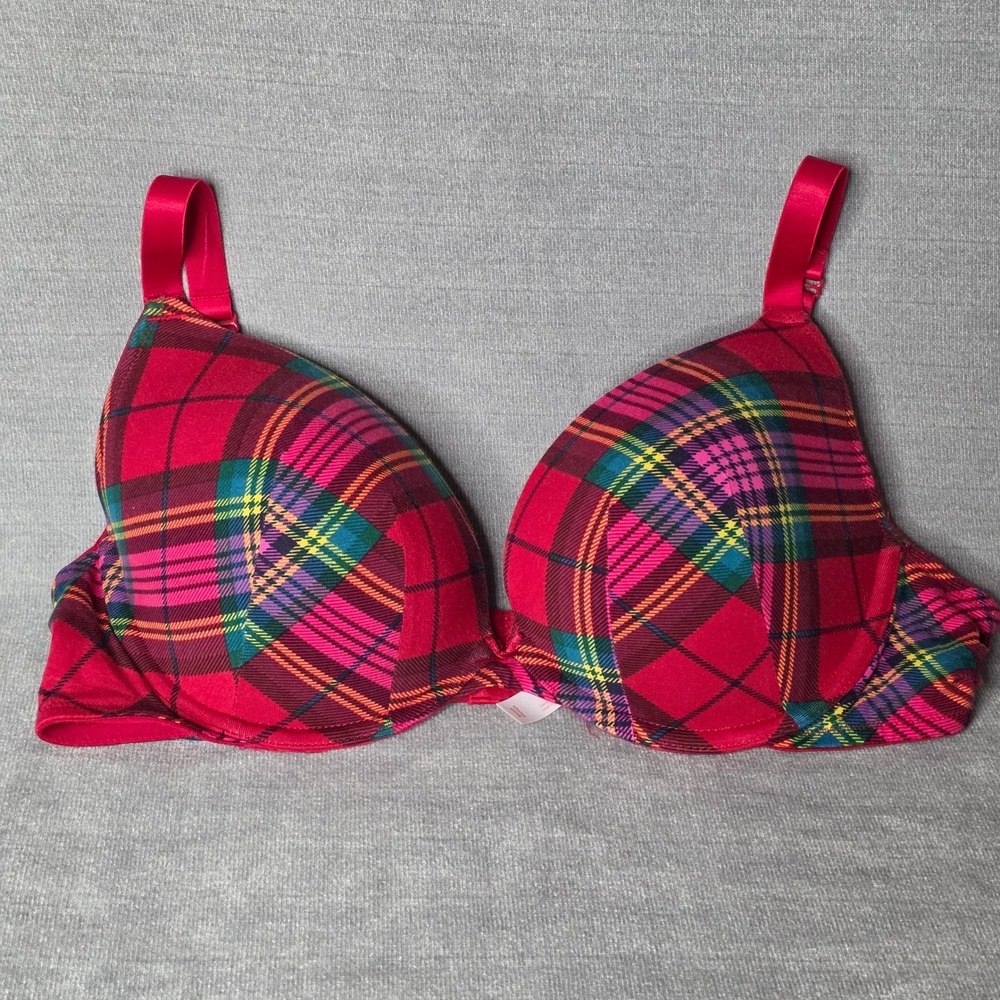 Cacique Boost Plunge Bra Womens 42C Red Plaid Tartan Festive Cotton Underwire
